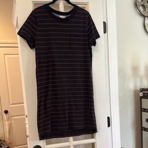 LL Bean Navy and Orange Striped T-Shirt Dress
